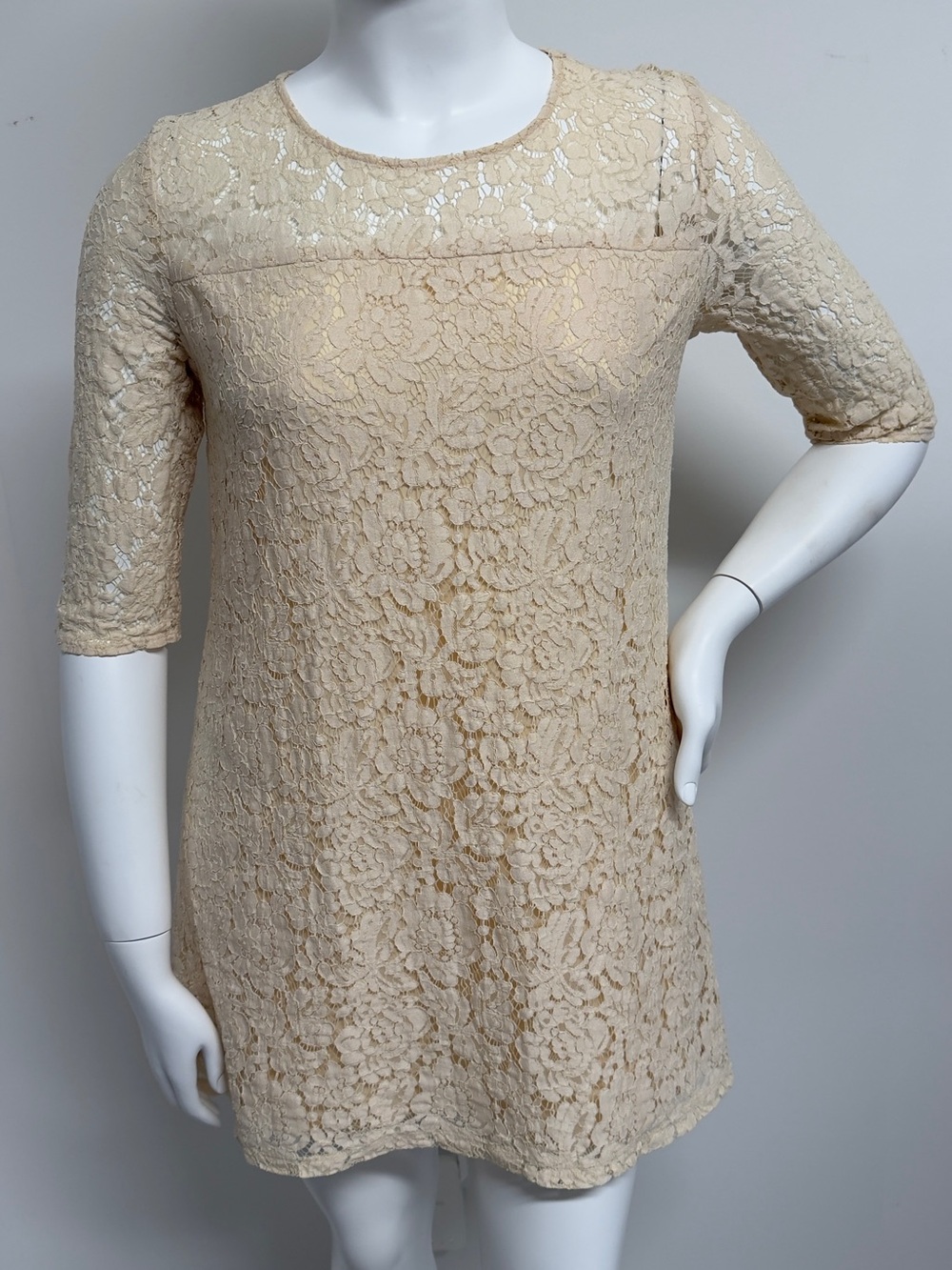 Wrangler Cream Floral Lace Shift Dress Size L 3/4 Sleeve Boho Romantic